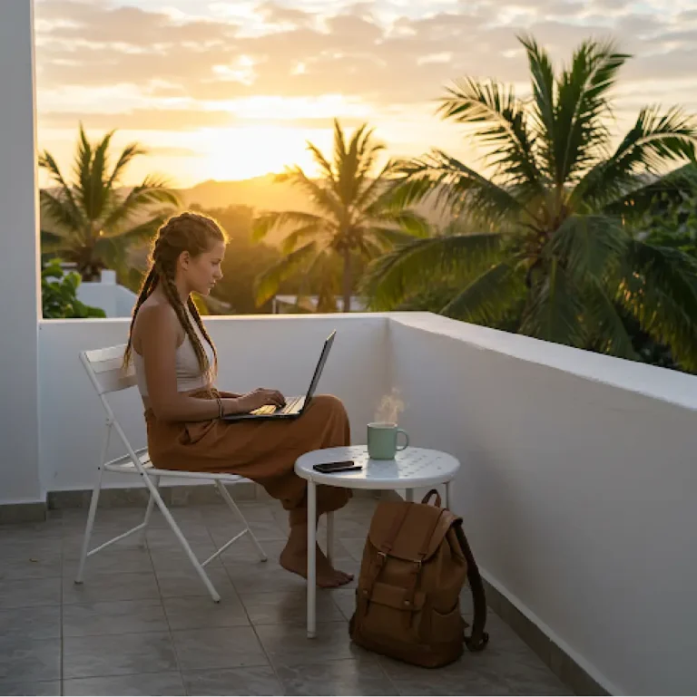 Remote worker using laptop on tropical balcony at sunset Travel the World While